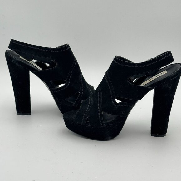 Steve Madden Suede Leather Cutout Platform Heels Black Peep Toe Chunky Slingback - Picture 2 of 12